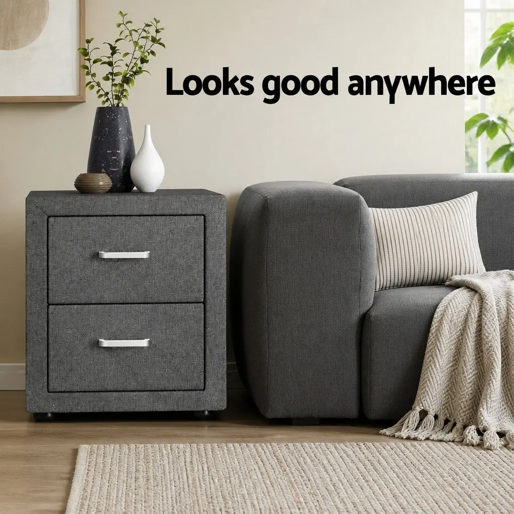 Grey Linen Fabric Bedside Table with 2 Drawers