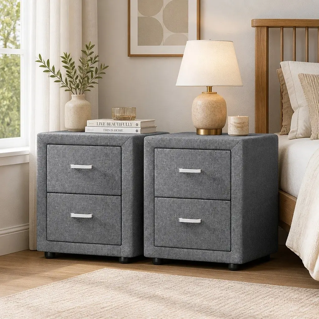 Grey Linen Fabric Bedside Table with 2 Drawers