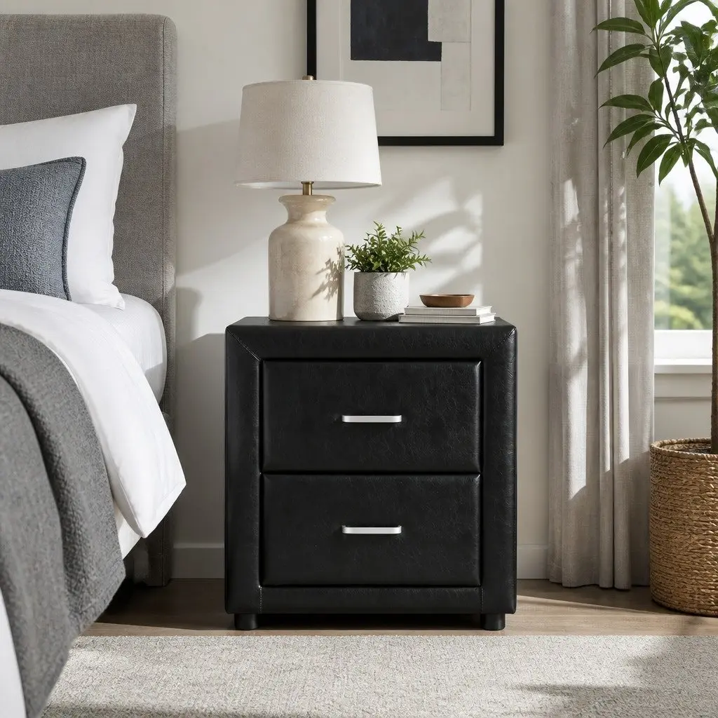 Black Bedside Table with 2 Drawers