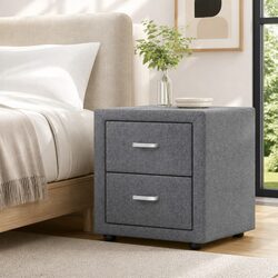 Modern Grey Linen Fabric Bedside Table with 2 Drawers
