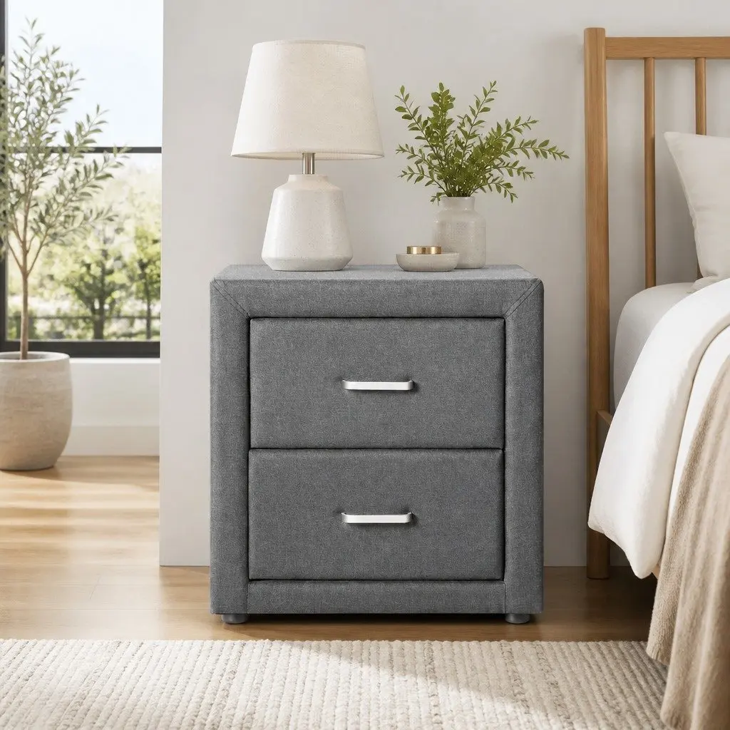 Grey Linen Fabric Bedside Table with 2 Drawers