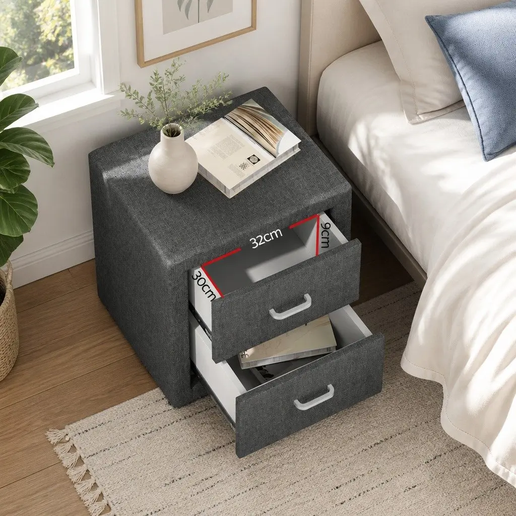 Grey Linen Fabric Bedside Table with 2 Drawers