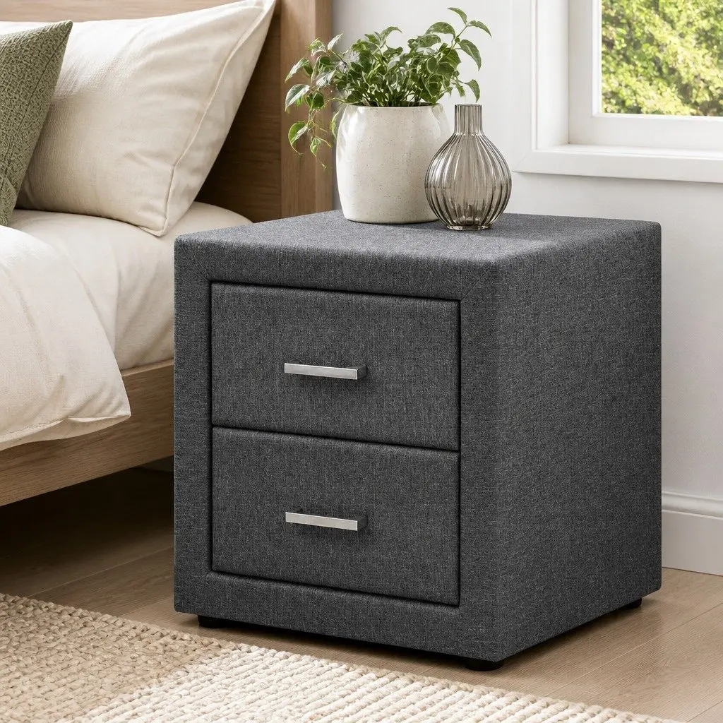 Grey Linen Fabric Bedside Table with 2 Drawers