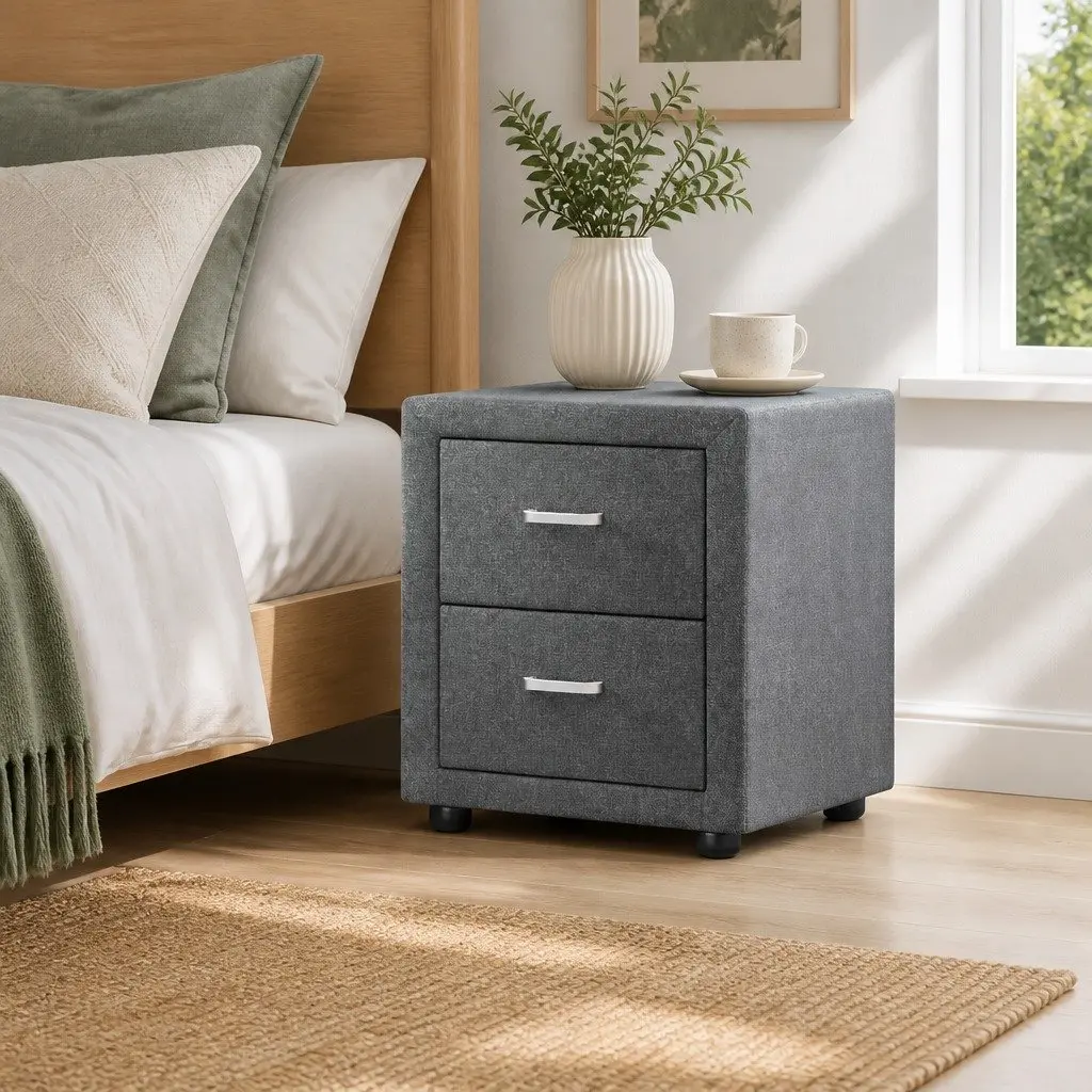 Grey Linen Fabric Bedside Table with 2 Drawers