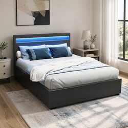 Double Bed Frame with Gas Lift Storage and LED Headboard