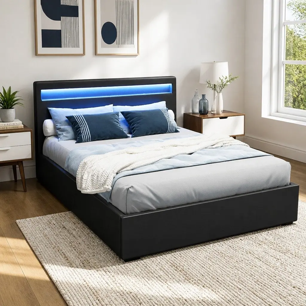 Double Bed Frame with Gas Lift Storage and LED Headboard