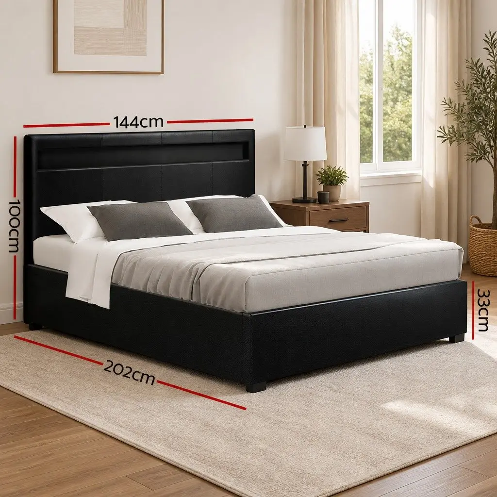 Double Bed Frame with Gas Lift Storage and LED Headboard