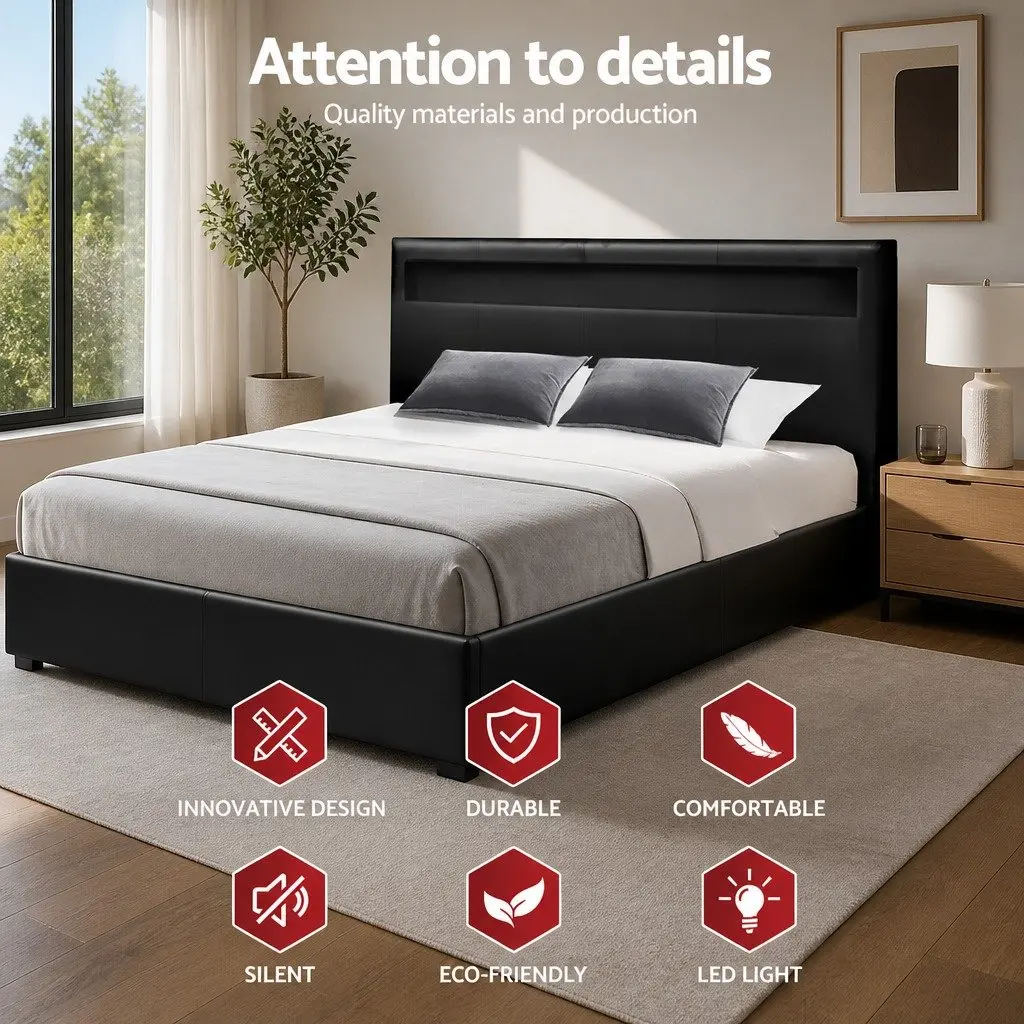 Double Bed Frame with Gas Lift Storage and LED Headboard