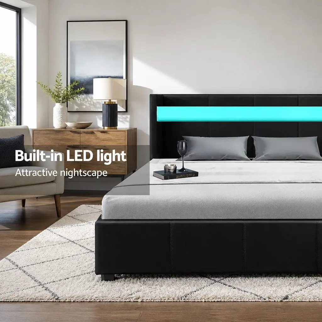 Double Bed Frame with Gas Lift Storage and LED Headboard