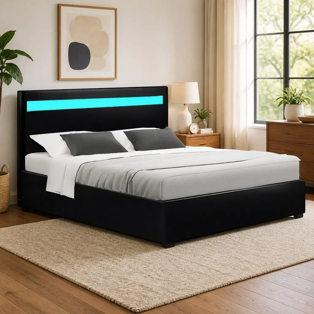 Double Bed Frame with Gas Lift Storage and LED Headboard