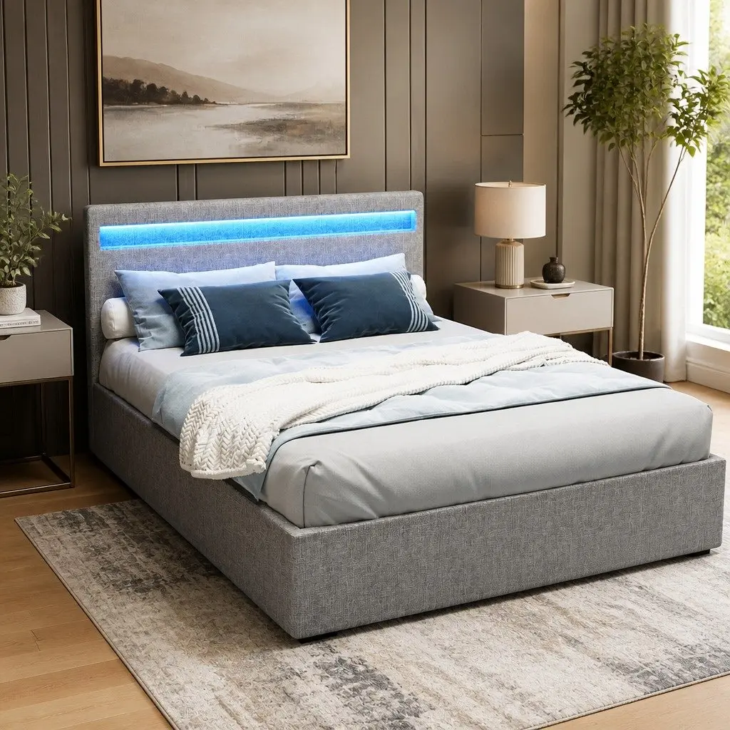 Gas Lift Double Bed Frame with LED Headboard in Grey