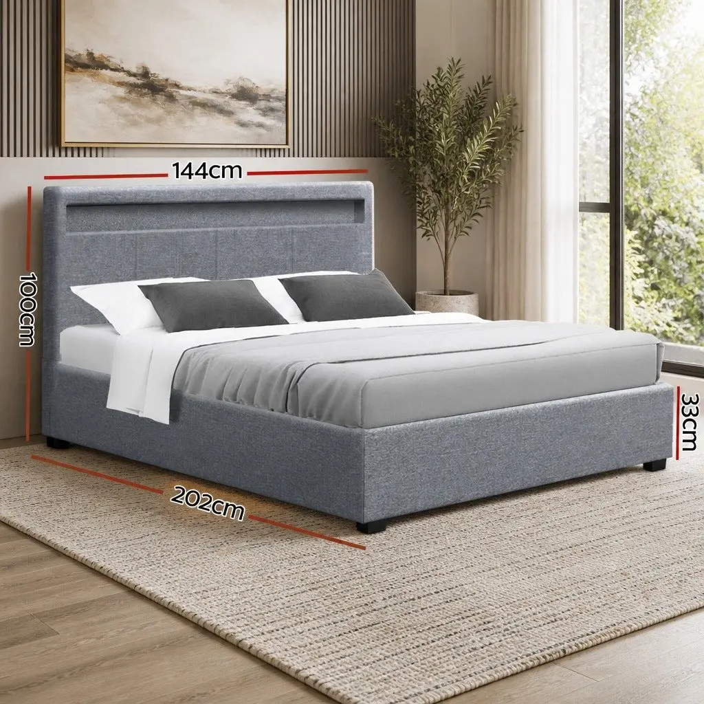 Gas Lift Double Bed Frame with LED Headboard in Grey