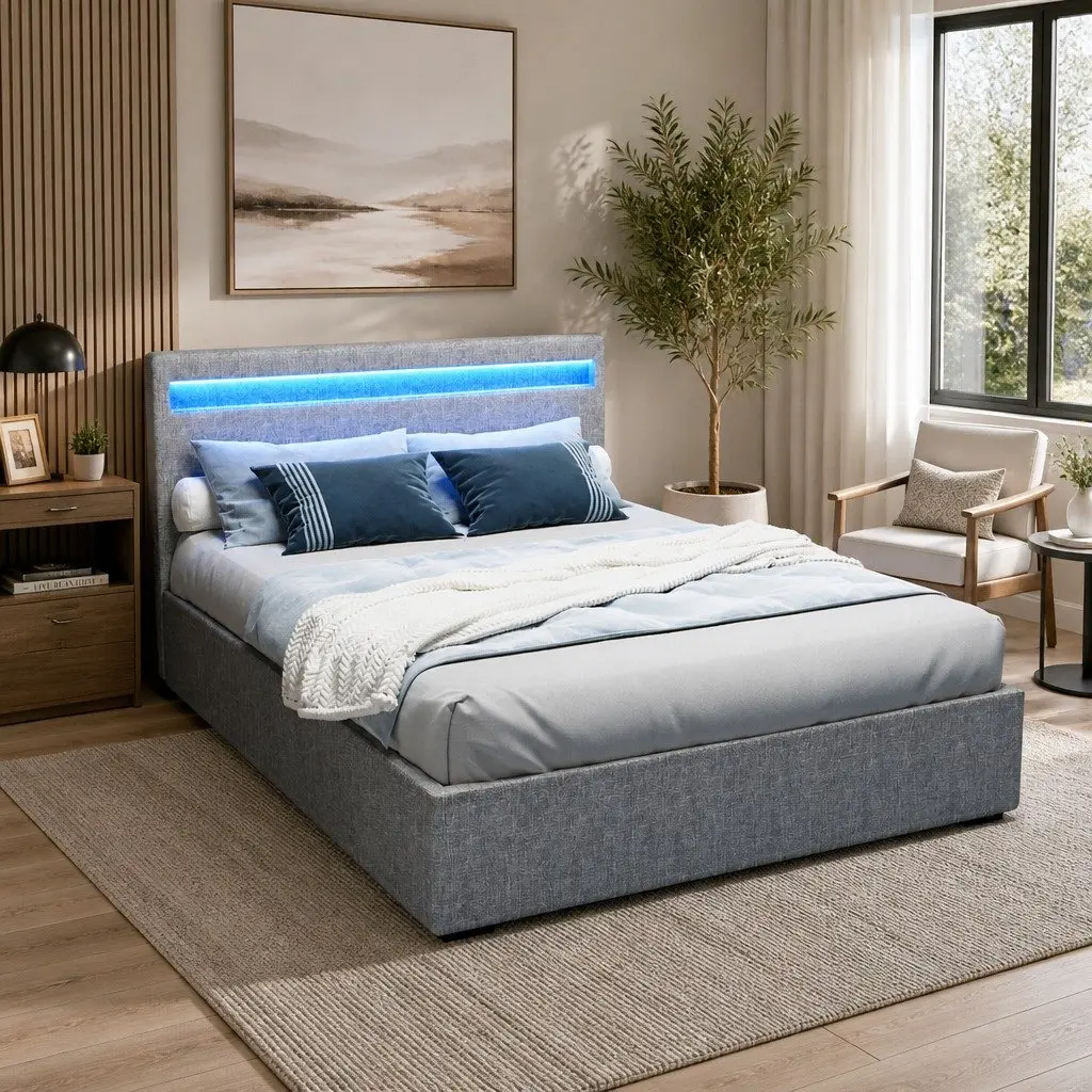 Gas Lift Double Bed Frame with LED Headboard in Grey