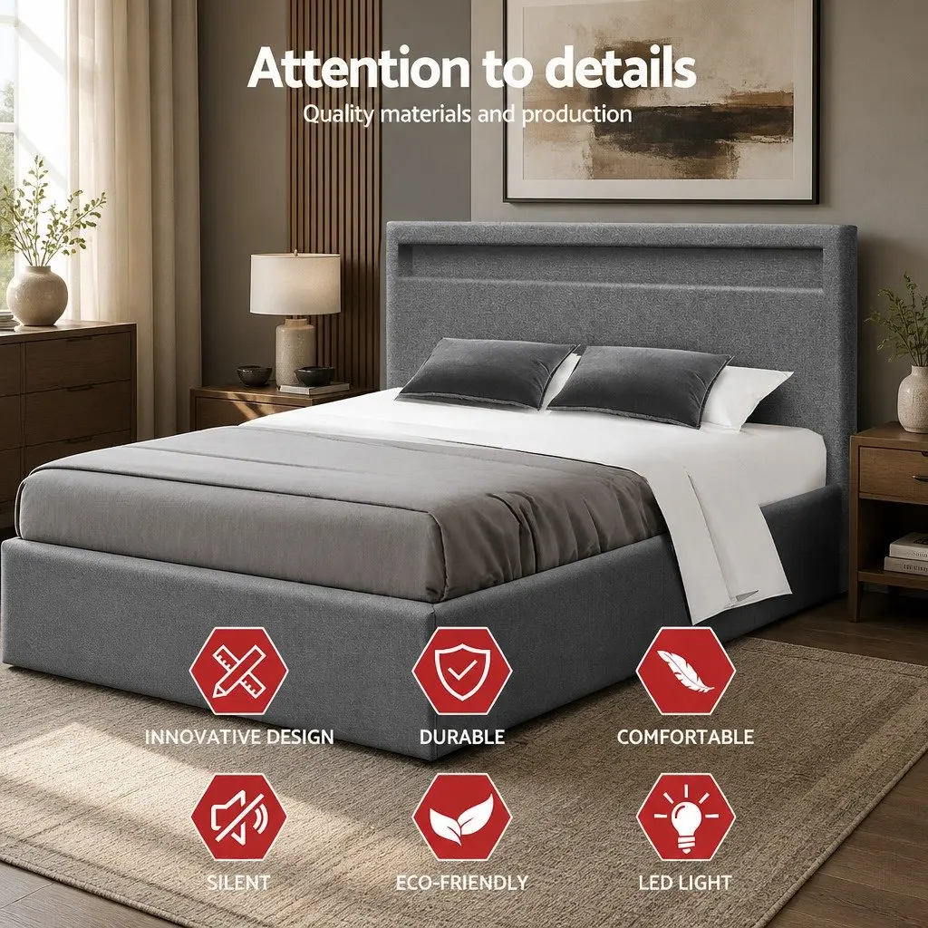 Gas Lift Double Bed Frame with LED Headboard in Grey