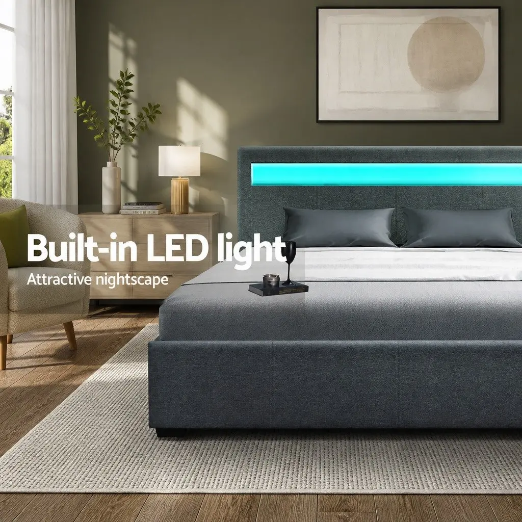 Gas Lift Double Bed Frame with LED Headboard in Grey