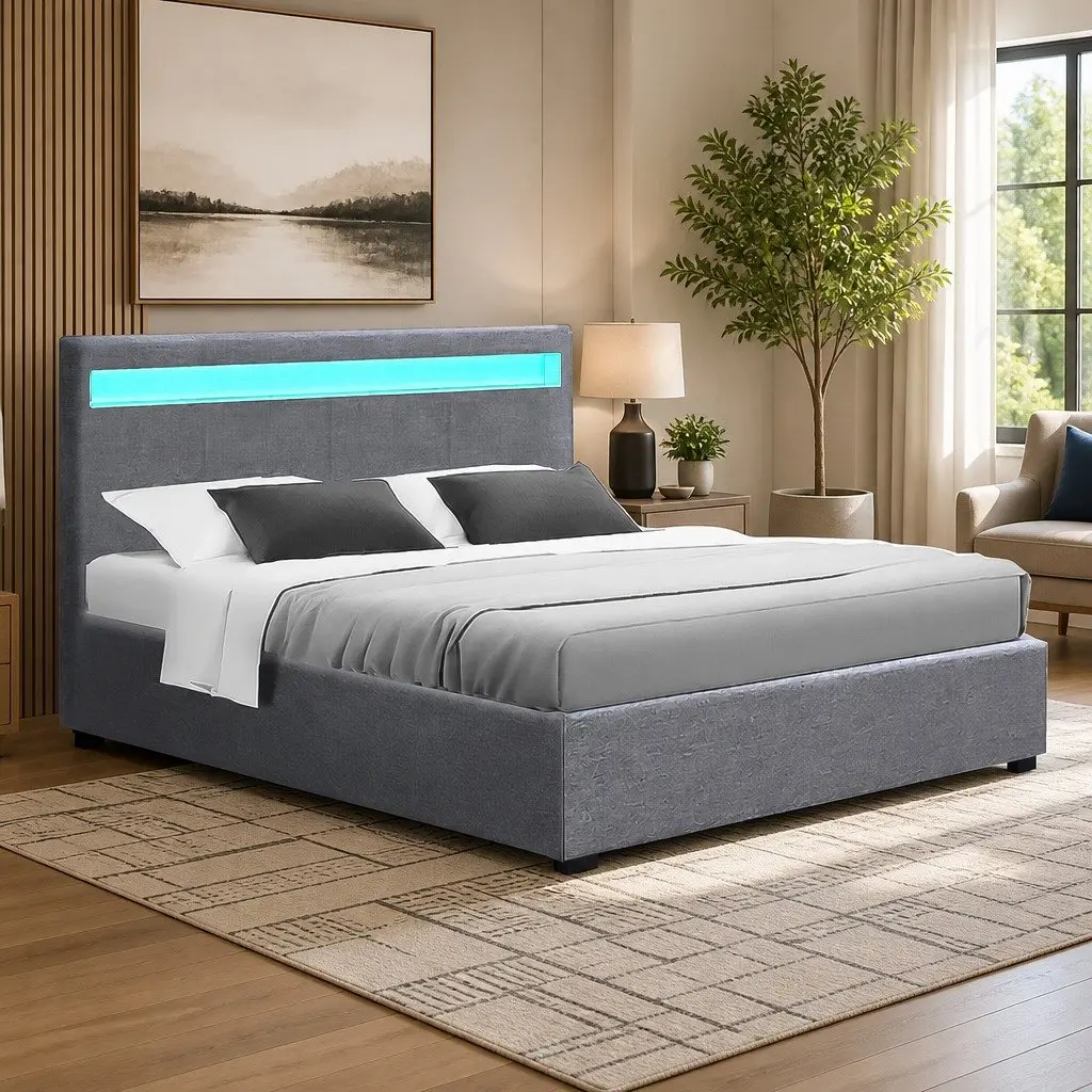 Gas Lift Double Bed Frame with LED Headboard in Grey