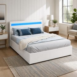 White Double Bed Frame with LED Headboard and Storage