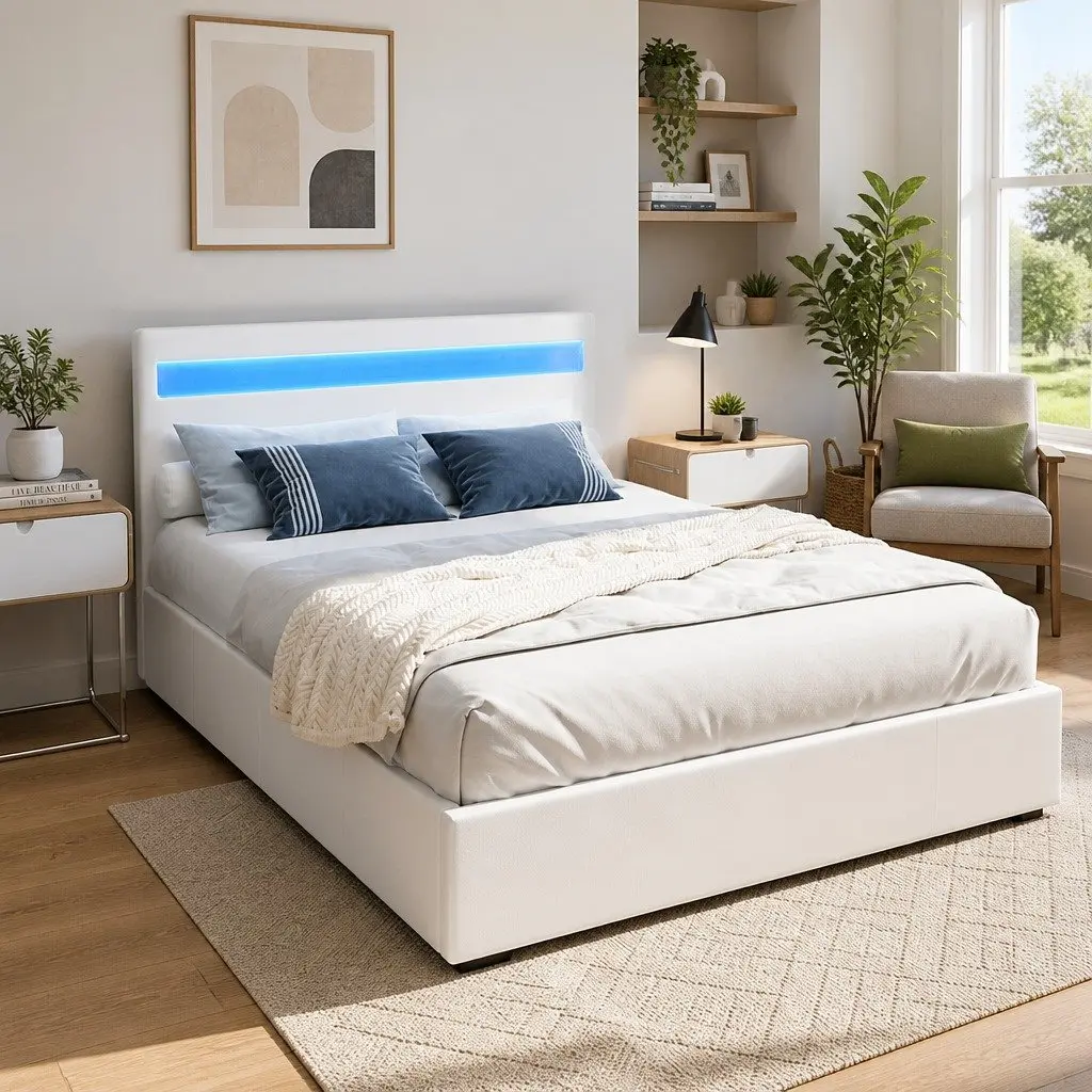 White Double Bed Frame with LED Headboard and Storage