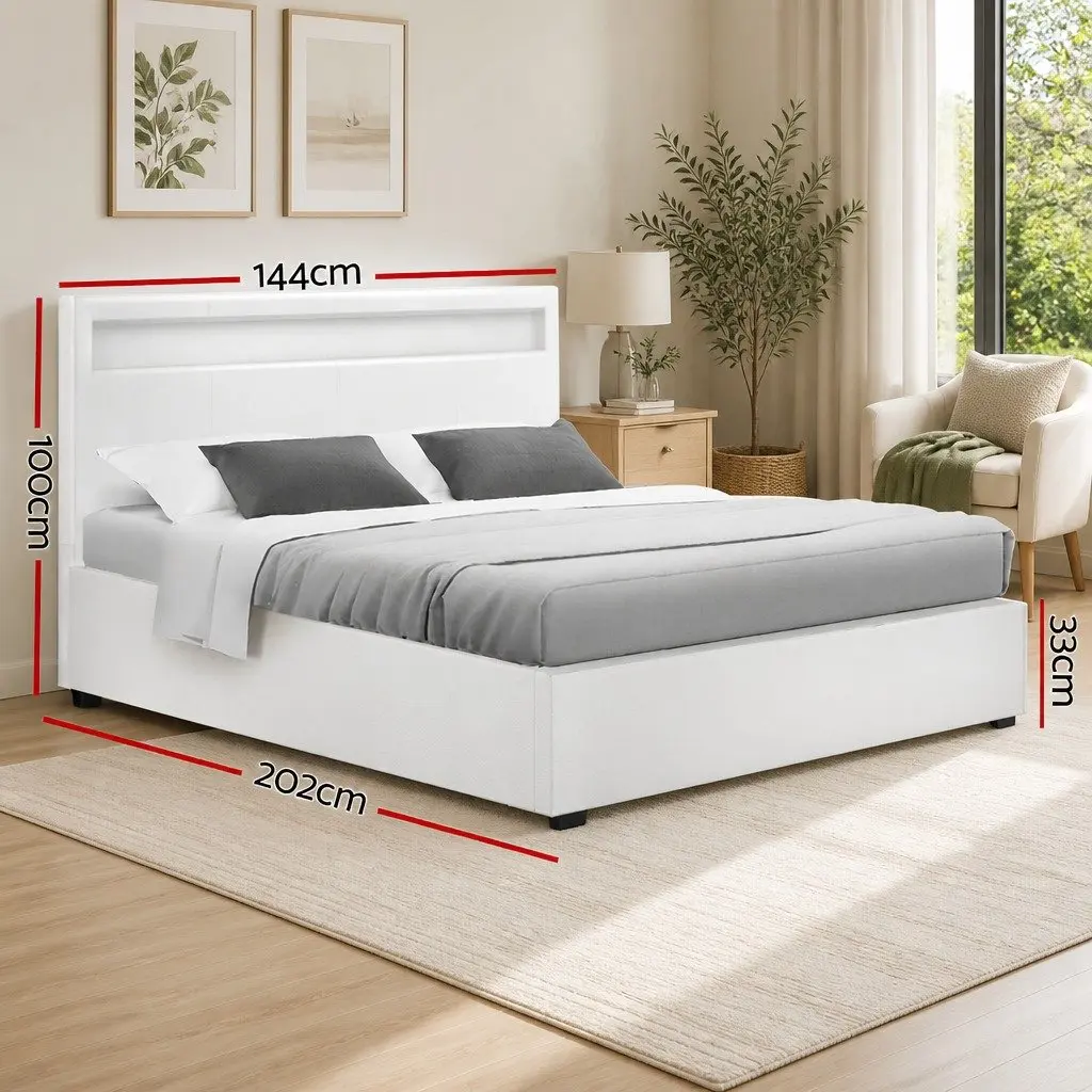 White Double Bed Frame with LED Headboard and Storage