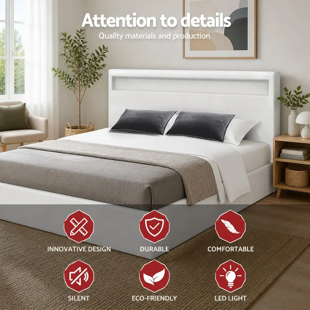 White Double Bed Frame with LED Headboard and Storage