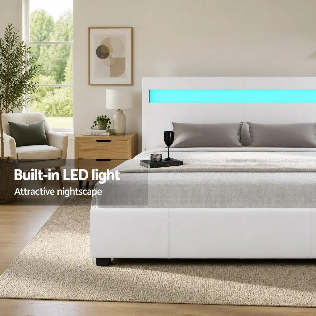 White Double Bed Frame with LED Headboard and Storage