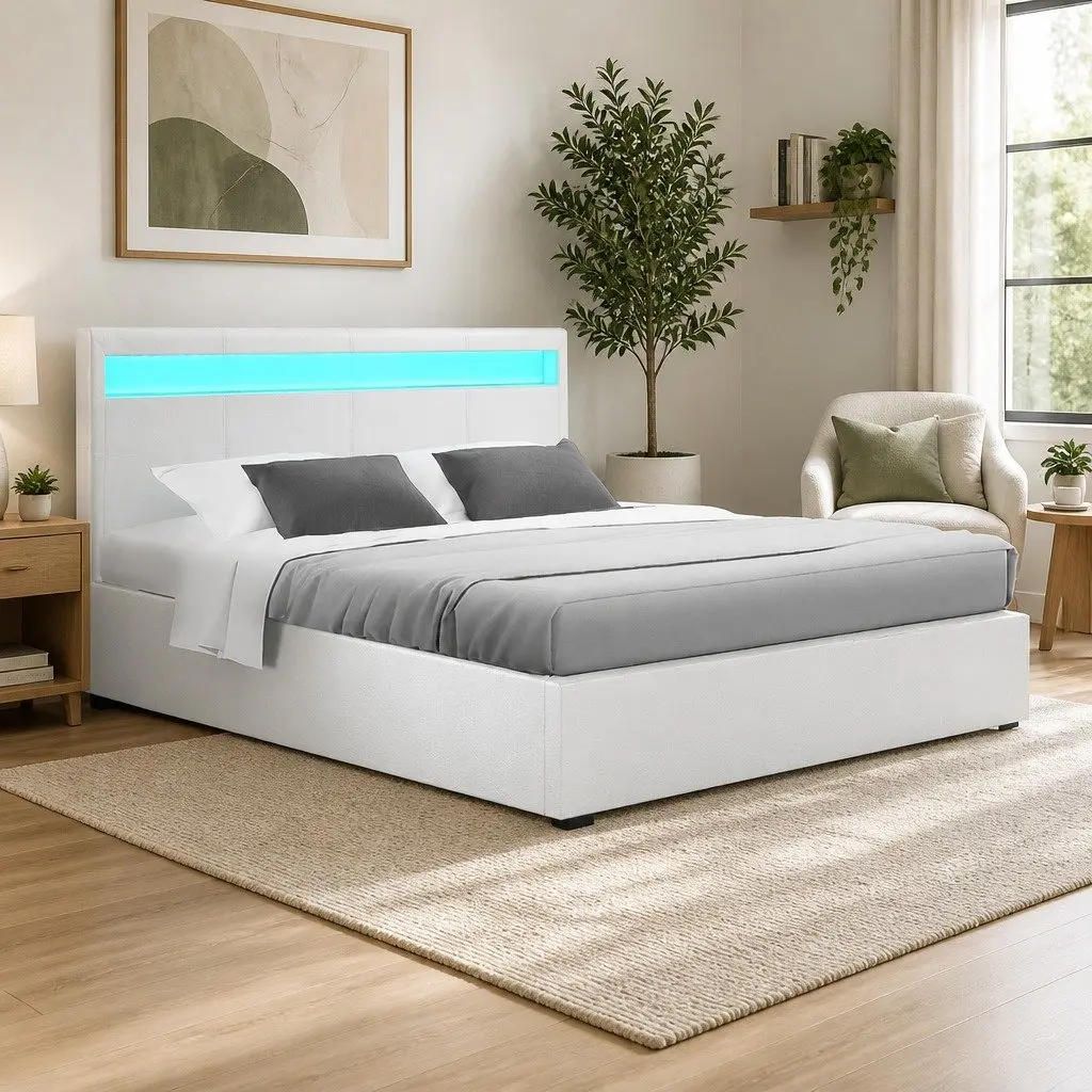 White Double Bed Frame with LED Headboard and Storage