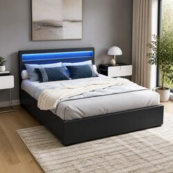Stylish Queen Size Gas Lift Bed Frame with LED Storage