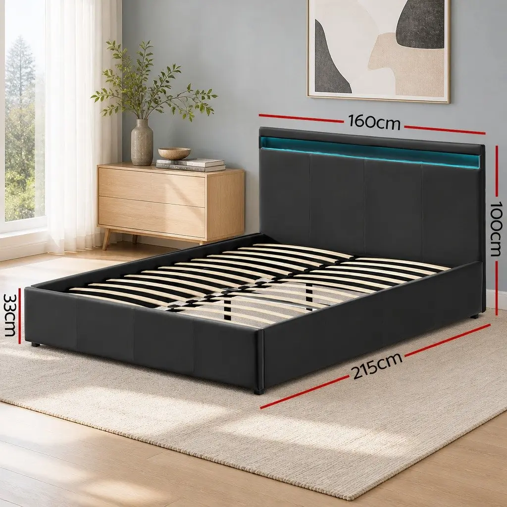 Queen Size Gas Lift Bed Frame with LED Storage