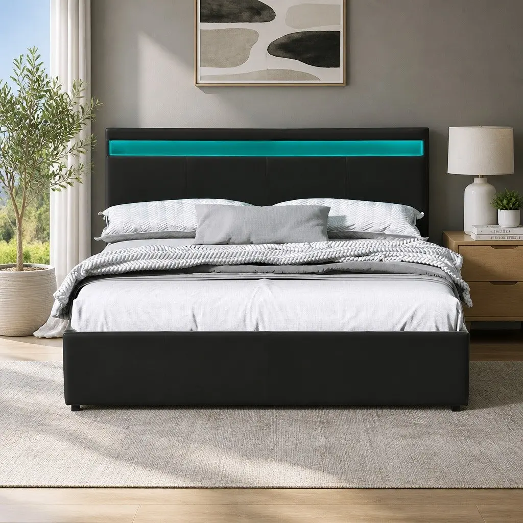 Queen Size Gas Lift Bed Frame with LED Storage