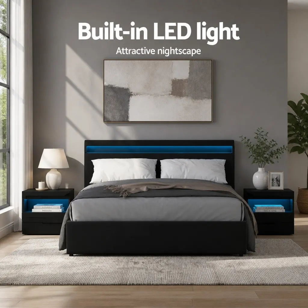 Queen Size Gas Lift Bed Frame with LED Storage