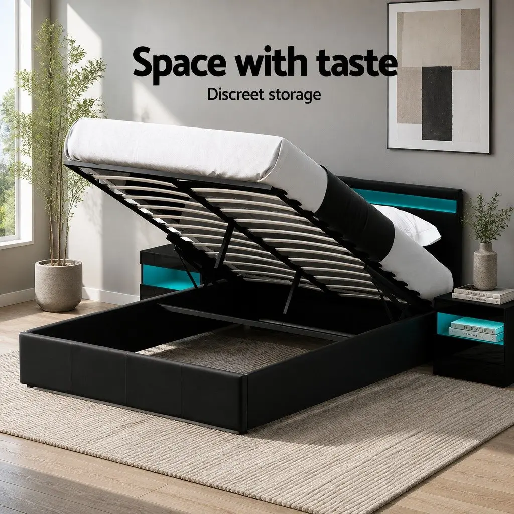Queen Size Gas Lift Bed Frame with LED Storage