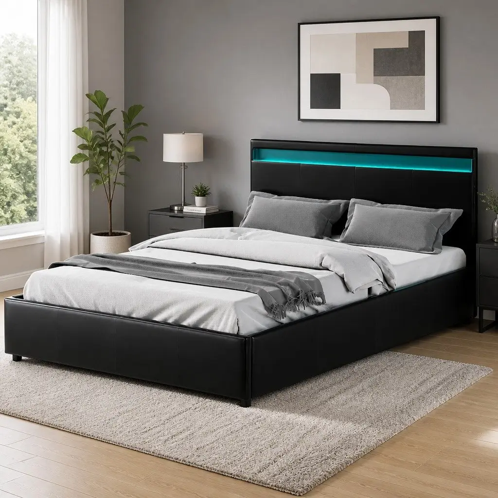 Queen Size Gas Lift Bed Frame with LED Storage