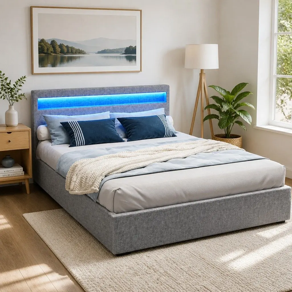 Queen Size Gas Lift Bed Frame Grey Upholstered with LED Headboard Storage Steel