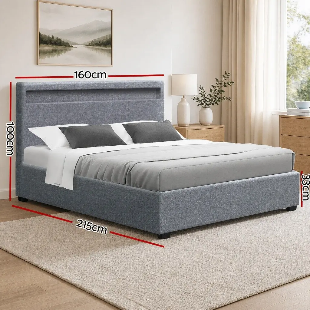 Queen Size Gas Lift Bed Frame Grey Upholstered with LED Headboard Storage Steel