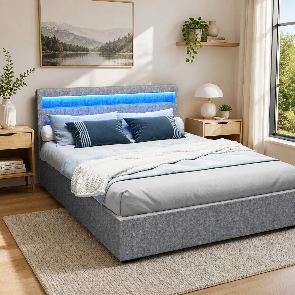 Queen Size Gas Lift Bed Frame Grey Upholstered with LED Headboard Storage Steel