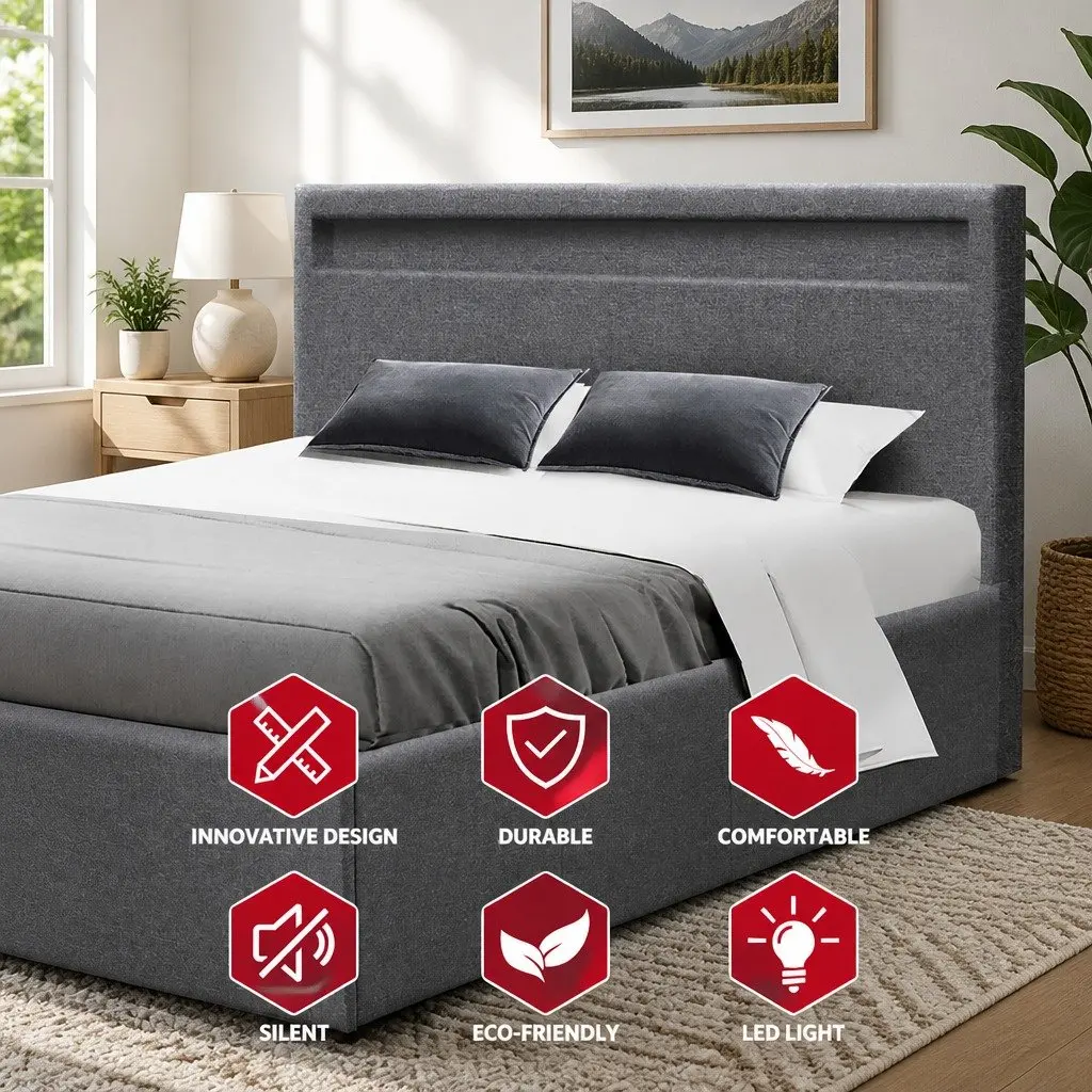 Queen Size Gas Lift Bed Frame Grey Upholstered with LED Headboard Storage Steel