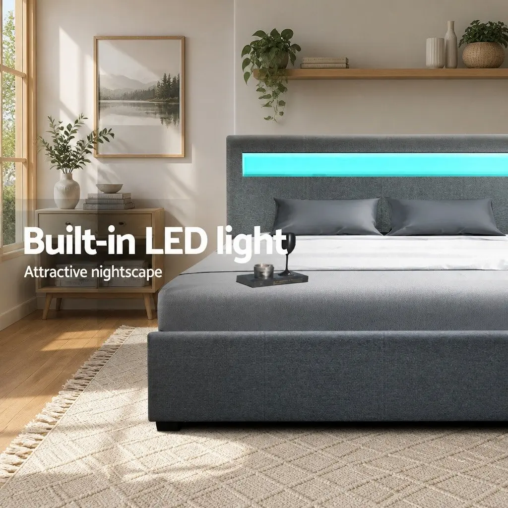 Queen Size Gas Lift Bed Frame Grey Upholstered with LED Headboard Storage Steel