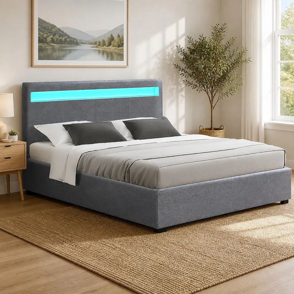 Queen Size Gas Lift Bed Frame Grey Upholstered with LED Headboard Storage Steel