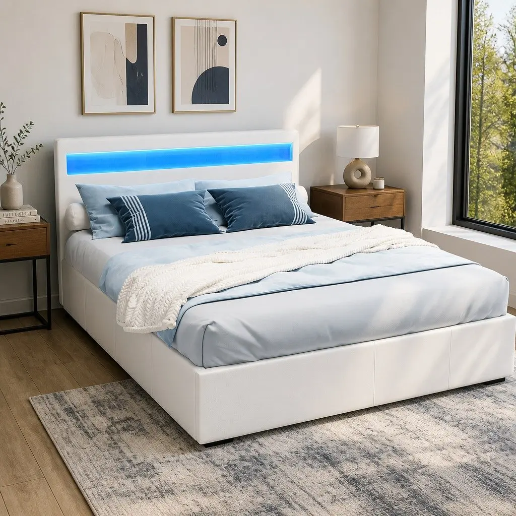 Queen Size LED Gas Lift Storage Bed Frame