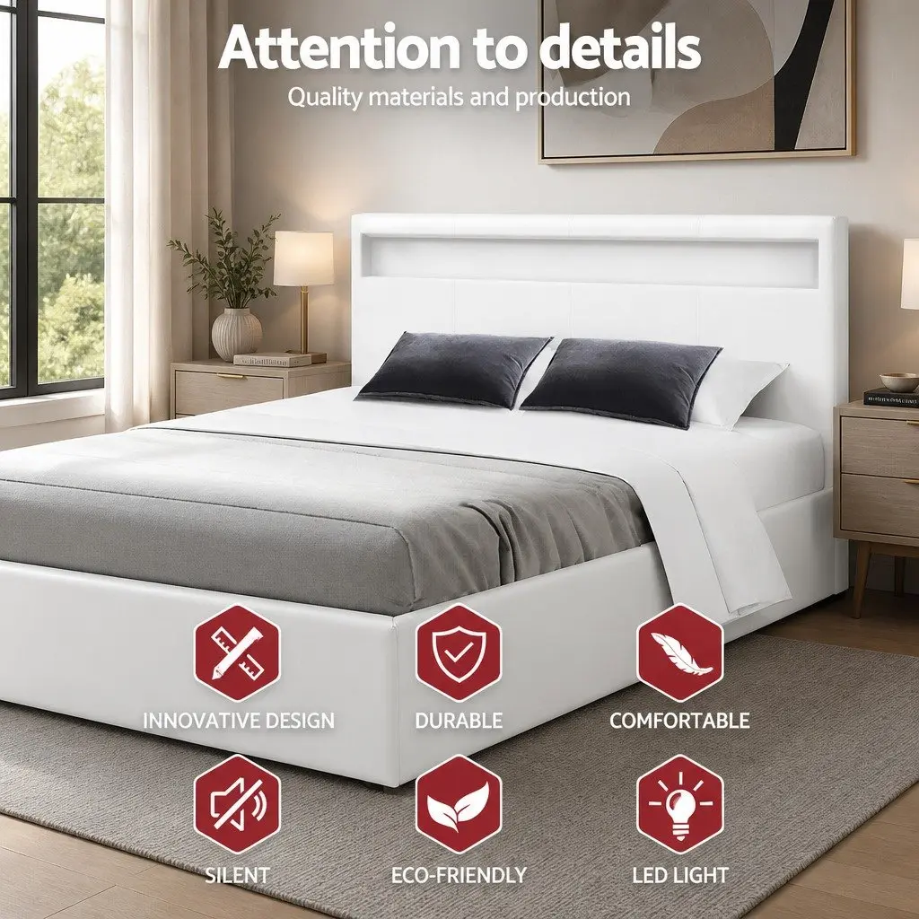 Queen Size LED Gas Lift Storage Bed Frame