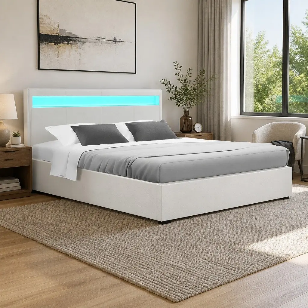 Queen Size LED Gas Lift Storage Bed Frame