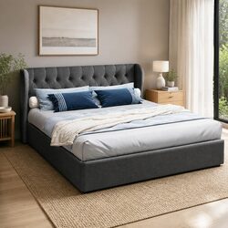 Charcoal King Size Gas Lift Bed Frame with Tufted Headboard