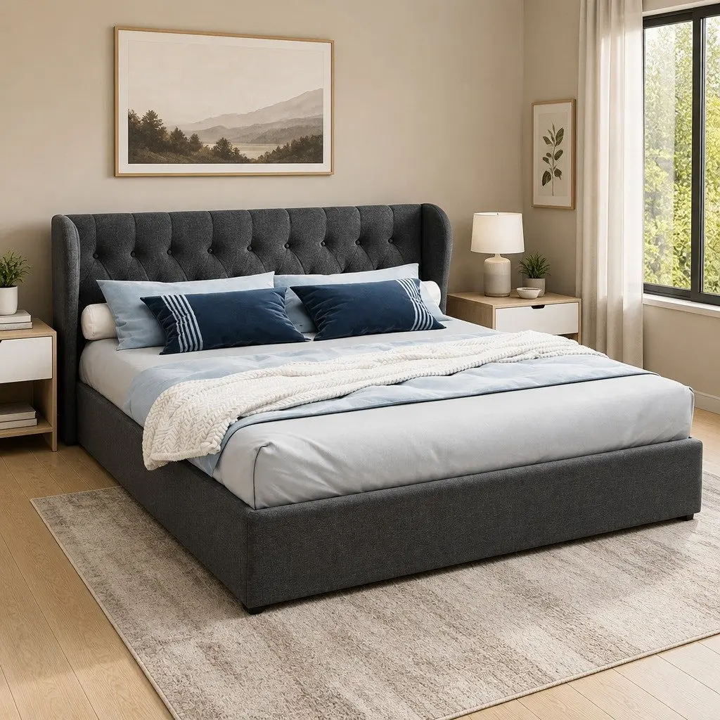Charcoal King Size Gas Lift Bed Frame with Tufted Headboard