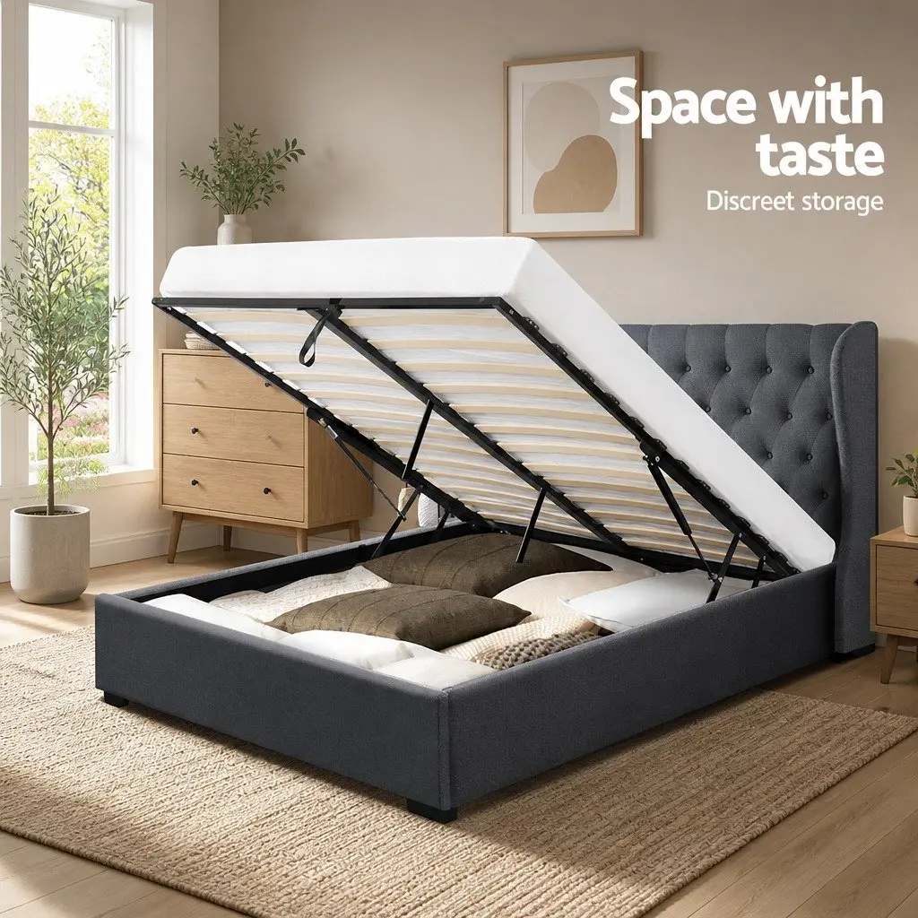 Charcoal King Size Gas Lift Bed Frame with Tufted Headboard