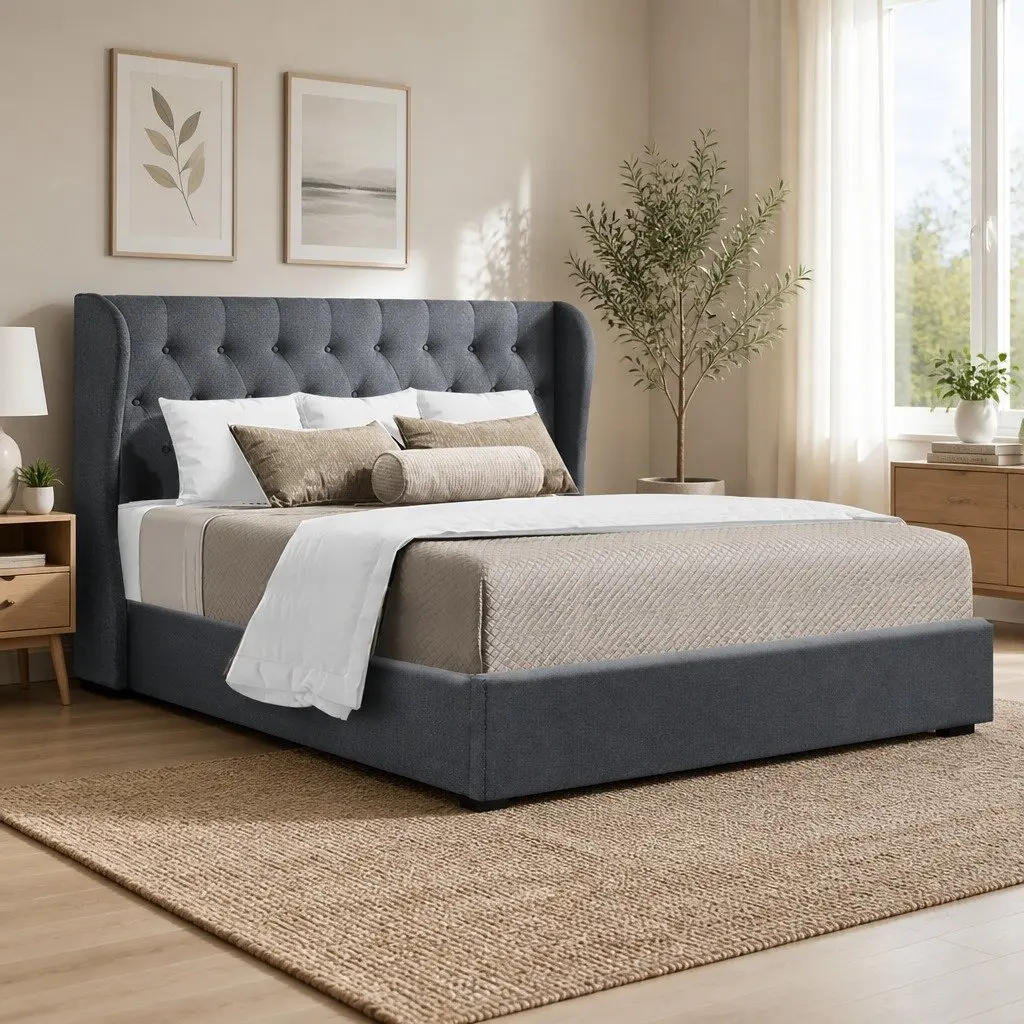Charcoal King Size Gas Lift Bed Frame with Tufted Headboard