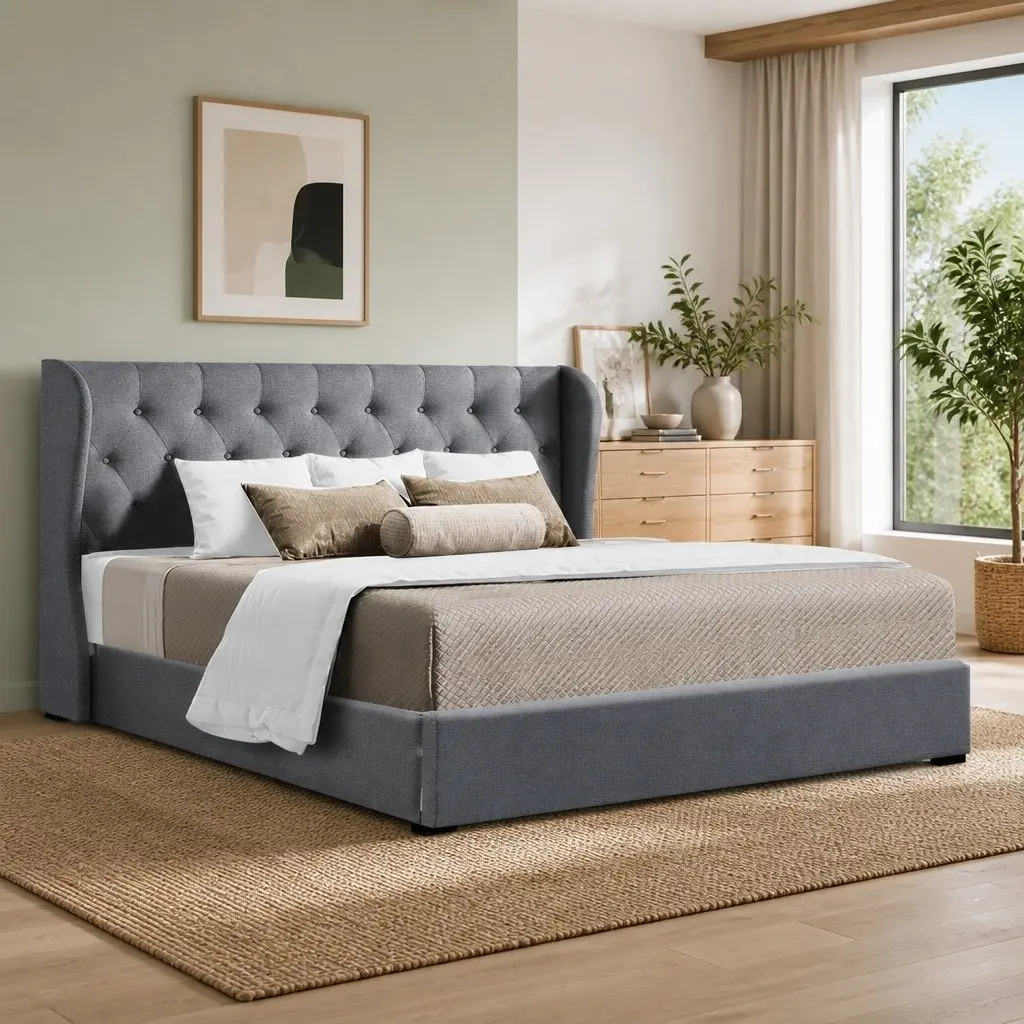 King Size Gas Lift Bed Frame Tufted Headboard Storage Grey Faux Linen