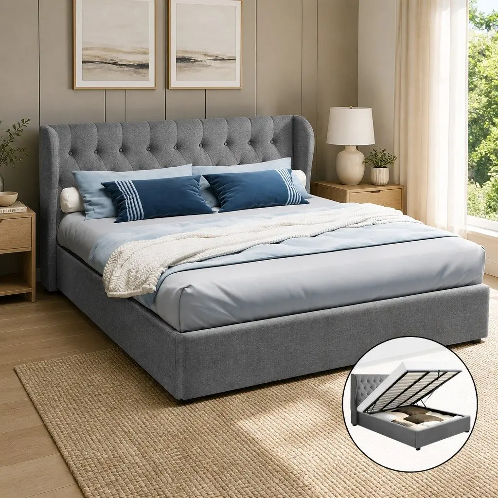 King Size Gas Lift Bed Frame Tufted Headboard Storage Grey Faux Linen