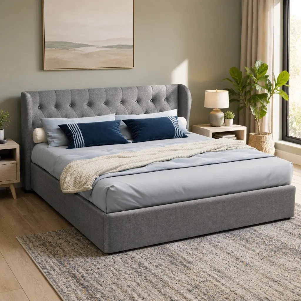 King Size Gas Lift Bed Frame Tufted Headboard Storage Grey Faux Linen