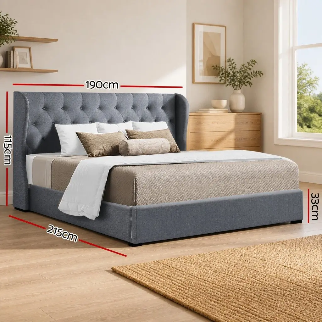 King Size Gas Lift Bed Frame Tufted Headboard Storage Grey Faux Linen