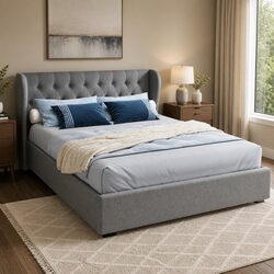 Queen Size Grey Upholstered Gas Lift Bed Frame with Storage